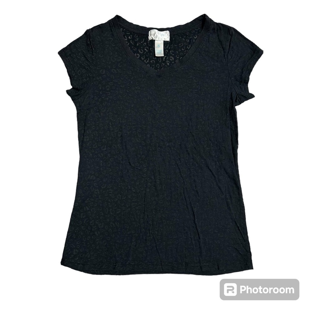 Women’s Black Cheetah Burnout Short Cap Sleeve V-Neck Top T-Shirt Size Small